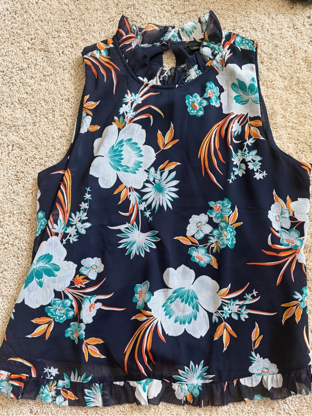 Ann Taylor Navy Floral Sleeveless Top with Teal & Orange Accents